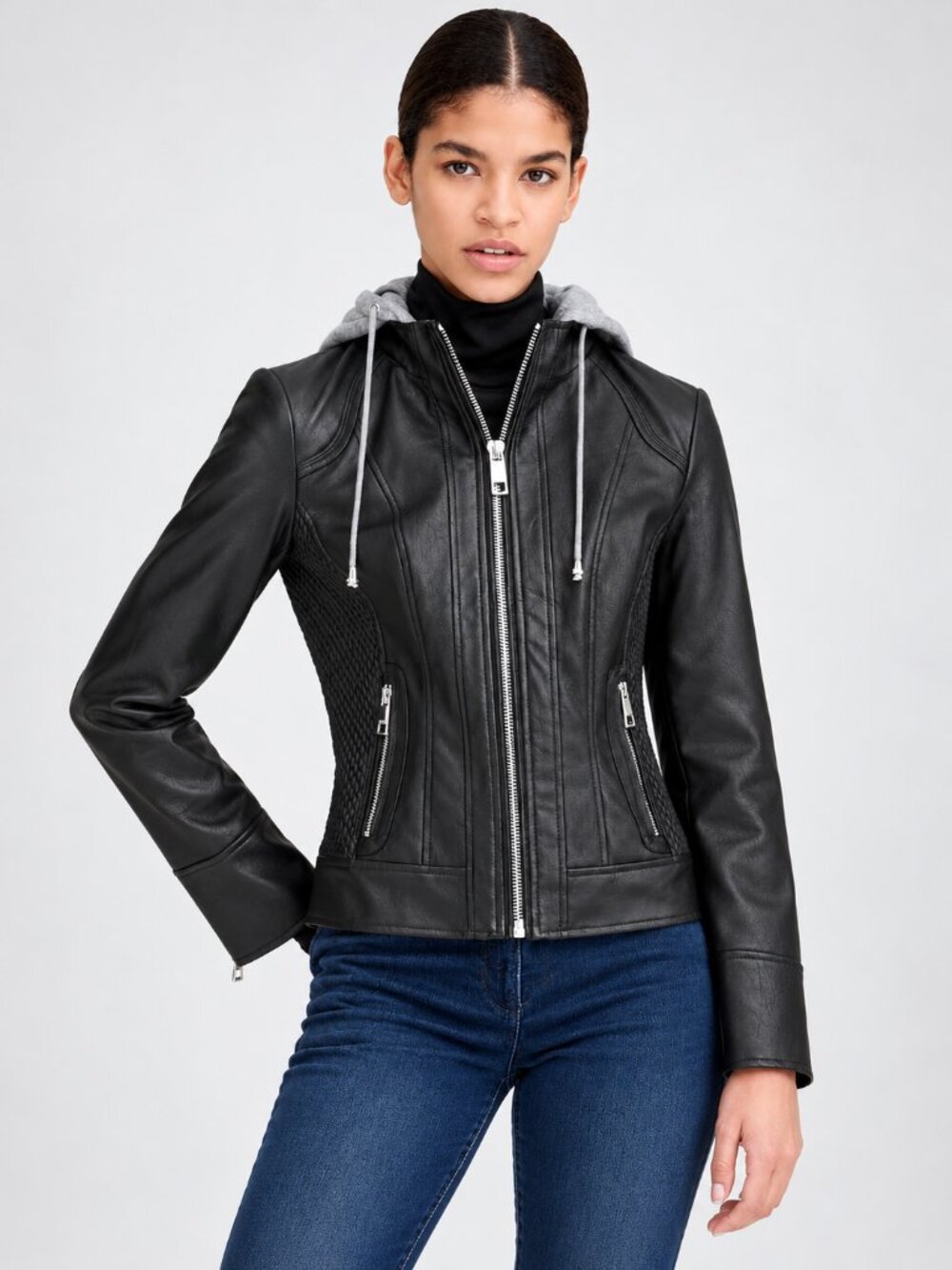 Black Hooded Scuba Faux Leather Zip Front Jacket Size XS NWT